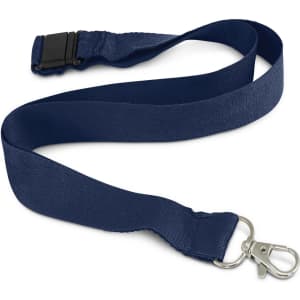 A navy bamboo lanyard with a metal clip and a plastic buckle for easy attachment.