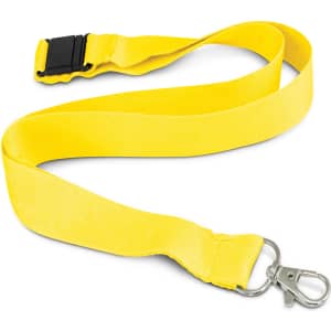 A yellow bamboo lanyard with a silver clip and a breakaway buckle, featuring an attached logo.