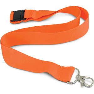 An orange bamboo lanyard with a metal clip and detachable buckle. It has a smooth, textured finish.