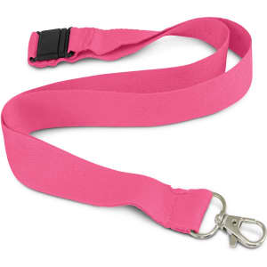 A pink bamboo lanyard with a metal clip and a black plastic buckle. It features a smooth, soft texture.