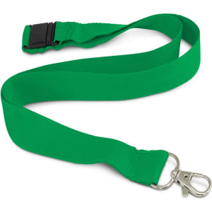 A green bamboo lanyard with a silver metal clip and a breakaway buckle. Features a smooth, flat surface.
