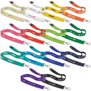 A variety of cotton lanyards in multiple colours featuring different logos and branding.