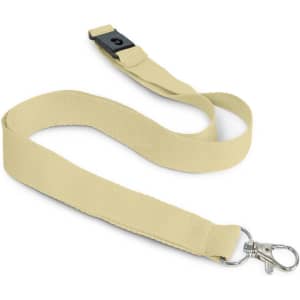 A cotton lanyard in a soft beige colour, featuring a clip and adjustable buckle. It has a simple branding logo.