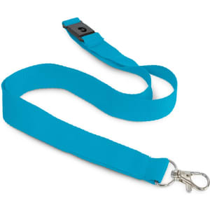 A blue cotton lanyard with a clip and adjustable section, featuring a logo.