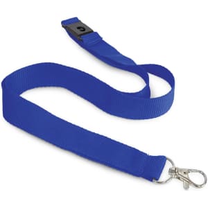 A blue cotton lanyard with a clip and adjustable slider. Features a logo on the attachment.