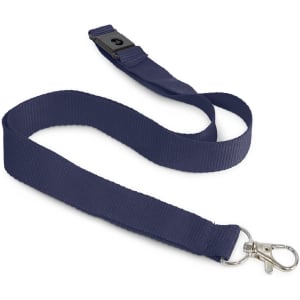 A navy blue cotton lanyard with a metal clip and adjustable buckle, featuring a branding logo.