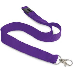 A purple cotton lanyard with a clip and slide buckle, featuring a branded logo.
