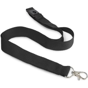 A black cotton lanyard with a metal clip at one end and an adjustable buckle. It has a simple design.