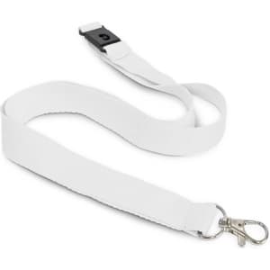 A white cotton lanyard featuring a metal clip and a safety breakaway buckle. It has a smooth, flat design.