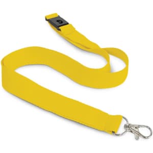A yellow cotton lanyard with a clips attachment and an adjustable buckle.