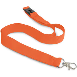 An orange cotton lanyard with a clip attachment and a breakaway safety feature. It has a simple design.