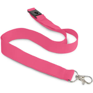 A pink cotton lanyard with a clip at one end and a breakaway feature in the middle. It has a branding logo.