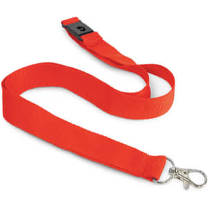 A red cotton lanyard with a metal clip and a plastic safety breakaway feature. It has a logo.
