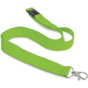A bright green cotton lanyard featuring a clip and adjustable component. It has a logo on the strap.