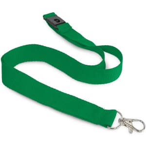 A green cotton lanyard with a metal clip and a plastic breakaway buckle. It has a smooth, flat design.
