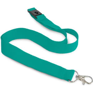 A teal cotton lanyard with a clip and adjustable slide for securing items. Features a branding logo.