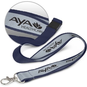 A navy and grey reflector lanyard with a clip attachment and a logo.