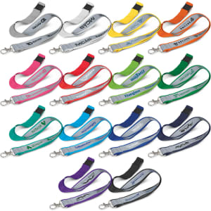 A variety of reflector lanyards in multiple colours, each featuring different logos or branding.