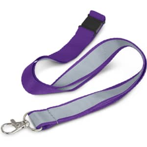 A purple reflector lanyard with a silver inner lining and a metal clip attachment.