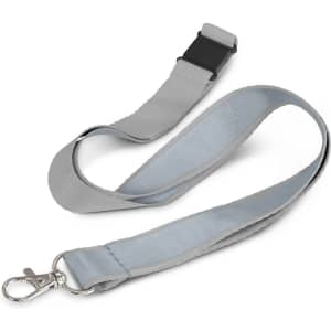 A grey and light blue reflector lanyard with a metal clasp and adjustable clip. It features a simple design.