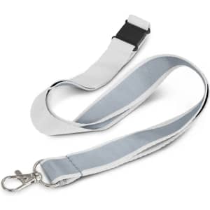A grey and white reflector lanyard with a silver clip and plastic buckle. It features a smooth, flat design.