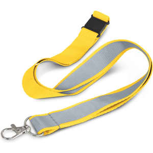 A yellow and grey reflector lanyard with a clip and an adjustable buckle. It features a sturdy design.