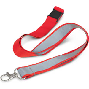 A red and grey reflector lanyard with a clip and a secure buckle. It features a logo on its surface.