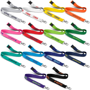 A collection of soft touch logo lanyards in various colours, featuring clips for attachment and different branding options.