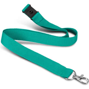 A teal soft touch lanyard with a clip and adjustable buckle, featuring a logo.
