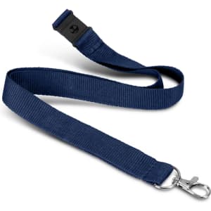 A navy blue soft touch lanyard featuring a metal clasp and a logo.