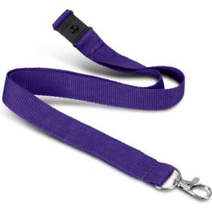 A purple soft touch logo lanyard with a clip attachment and adjustable section for comfort.