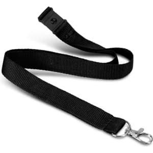 A black soft touch logo lanyard with a metal clip for fastening.
