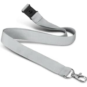 A soft touch logo lanyard in a light grey colour with a clip attachment and a breakaway safety feature.