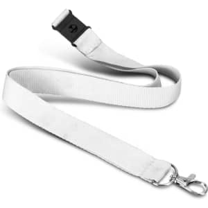 A soft touch lanyard in white, featuring a plastic clip and a metallic snap hook. It includes a logo.