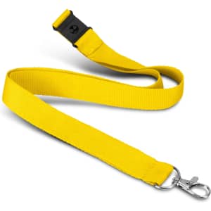 A bright yellow lanyard with a clip at one end and a plastic buckle. It features a logo.