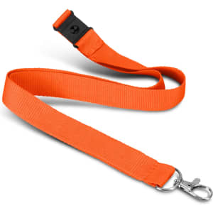 An orange soft touch lanyard with a clip and a black breakaway feature. It has a logo.