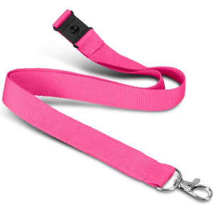 A pink lanyard with a soft touch finish and a metal clip attachment, featuring a logo.