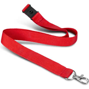 A red lanyard with a soft touch finish and a clip at one end, featuring a logo.