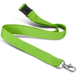 A soft touch logo lanyard in vibrant green with a metal clip for attachment.