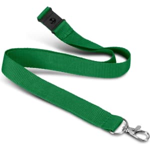 A green soft touch lanyard with a metal clip and an adjustable breakaway feature.