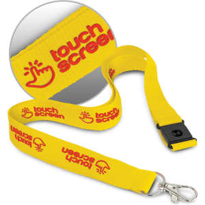 A yellow lanyard featuring a logo, designed with a clip for attaching items.