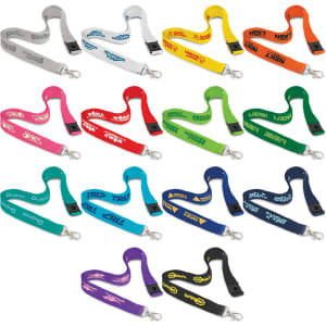 A variety of 3D logo lanyards in different colours, featuring various designs and attachments.
