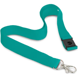 A turquoise lanyard with a metal clip and a buckle for easy attachment. Features a logo.