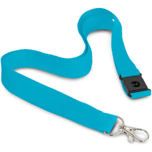 A vibrant turquoise lanyard with a clip and adjustable buckle, featuring a logo.