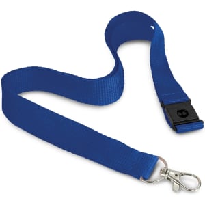 A blue lanyard with a clip and a plastic buckle, featuring a logo.
