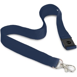A navy blue lanyard with a clip attachment and a black buckle, featuring a logo on the strap.