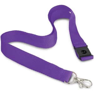 A purple lanyard with a clip attachment, featuring a plastic breakaway clasp. It has a logo on the strap.
