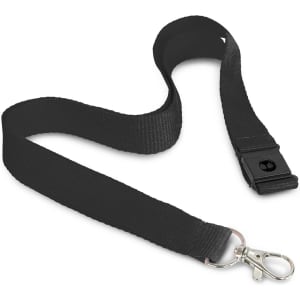 A black 3D logo lanyard with a clip hook and a buckle for secure attachment.
