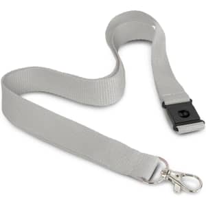 A grey lanyard with a clip and a buckle, featuring a smooth, flat design and an attached keyring.