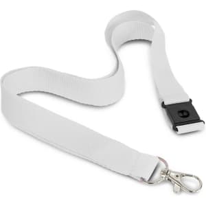 A white lanyard featuring a metal clip and a plastic buckle, designed for holding items securely.